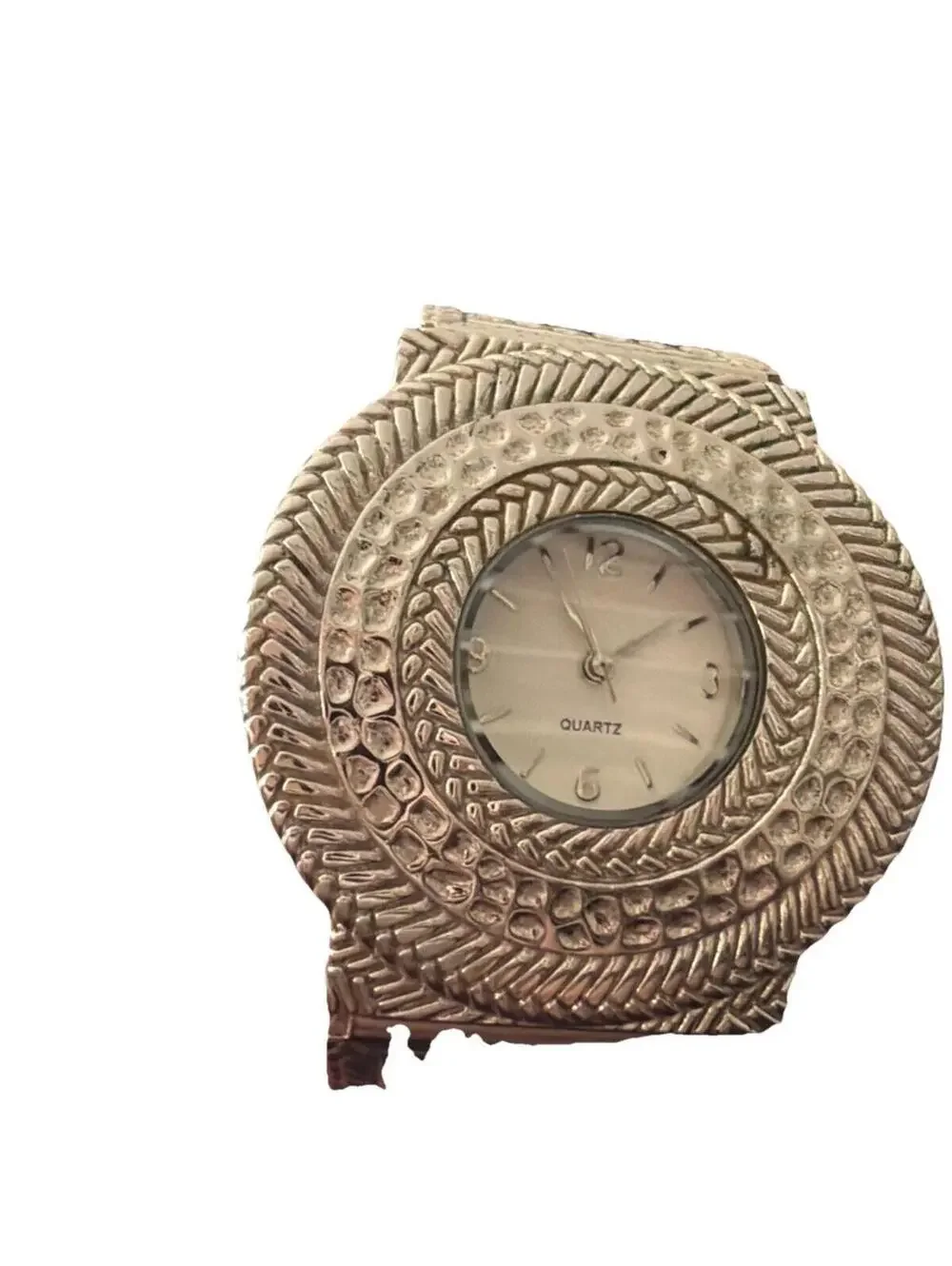 Vintage Silver Tone Hammered Cuff Watch – Textured Bangle Bracelet – Japan Movt